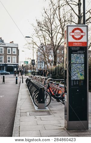 London, Uk - February 03, 2019: Santander Cycles Docking Station In Haggerston, London. Santander Cy