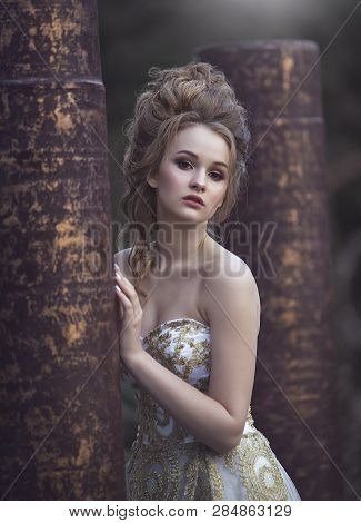 Beautiful Woman In An Ancient Medieval Dress, With A High Complex Historical Hairstyle Near The Wall