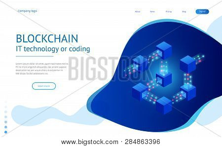 Isometric Concept Of Quantum Computers, Blockchain, It Technology Or Coding. Information Blocks In C