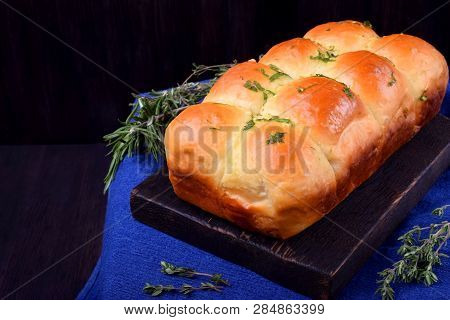 Golden Pampushki With Herbs And Garlic. Ukrainian Cuisine Buns