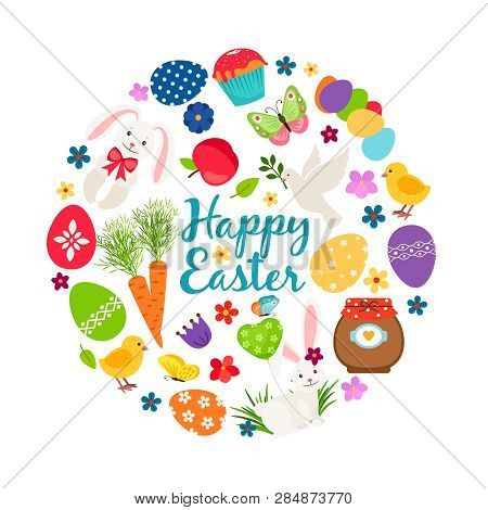 Cartoon Spring Happy Easter Printable Vector Banner With Eggs, Bunnies And Flowers. Easte Banner Wit