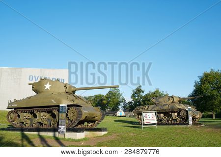 COLLEVILLE SUR MER, FRANCE - AUGUST 28, 2014: M4A1 Sherman tank in Overlord Museum near Omaha Beach.