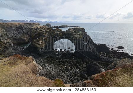 Interesting Shaped Lava Rock Formations In Arnarstapi In Iceland.