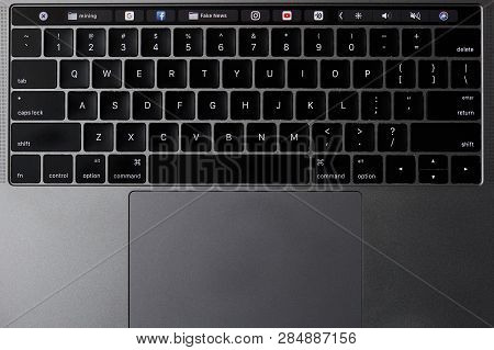 New York, Usa - February 14, 2019: Keyboard Of Laptop With Social Media Fake News Close Up View