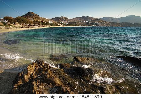 Spectacular Panoramic View Of Kalafatis Beach In Mykonos, Greece