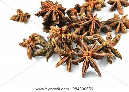 Chinese Spice Star Anise Fruit Isolated On White Background / Star Aniseed Badian Khatai - Tradition