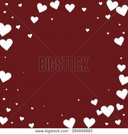 White Heart Love Confettis. Valentine Day Vignette Uncommon Background. Falling Stitched Paper Heart