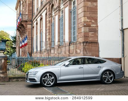Strasbourg, France - Oct 1, 2017: Side View Of Silver Luxury Audi Vehicle Parked In An Upper-class N