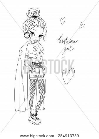 Vector Fashion Girl Linear Illustration. Black And White Fashion Girl Hand Drawn In Line Art Wearing