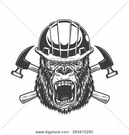 Ferocious Gorilla Head In Builder Helmet With Crossed Hammers In Vintage Monochrome Style Isolated V
