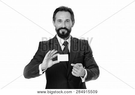 Feel Free To Contact Me. Let Me Introduce Myself. Businessman Hold Plastic Blank Contact Card. Busin