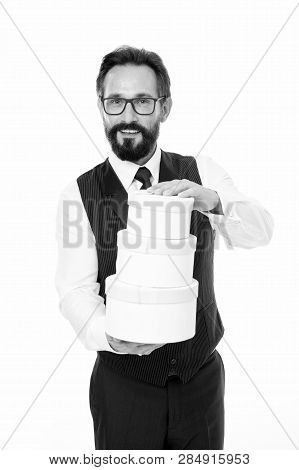 Man Formal Clothes Hold Pile Gift Boxes. Loyalty Bonus Concept. Loyalty Reward Program. Ways To Prom