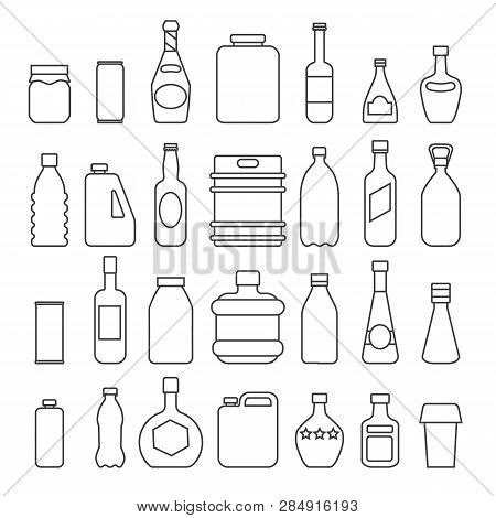 Beverage Packaging Icons. Bottling Packs Line Signs, Soda Bottles, Lemonade Outline Jerrican, Juice 