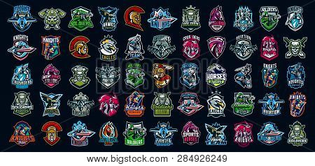 Collection Of Emblems Of Knights, Soldiers, Airplanes, Horses, Skulls. Knights On Horseback, Warrior