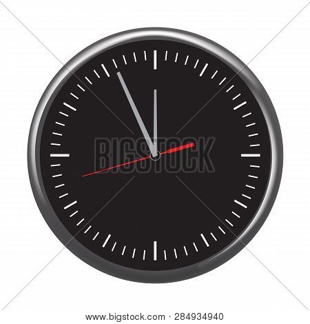 Black Wall Office Clock Icon Set Showing Five Minutes To Twelve. Vector Illustration.