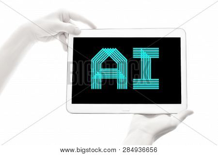 Human Bionic Hands Holding Electronic Device On White Background.  Artificial Intelligence Futuristi