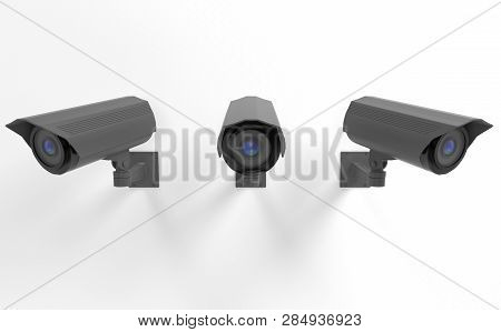 Cctv Security Camera Set. Gray Devices. 3d Rendering Illustration