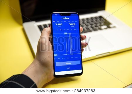 Tula, Russia - January 29, 2019: Coinbase - Buy Bitcoin And More, Secure Wallet Mobile App On The Di