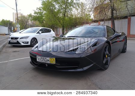 Moscow. Autumn 2018. Black Ferrari 488  Parked On The Street