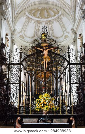 Luzern, Switzerland - April 16: Jesus Crucified And Altar At Hofkirche St. Leodegar On April 16, 201