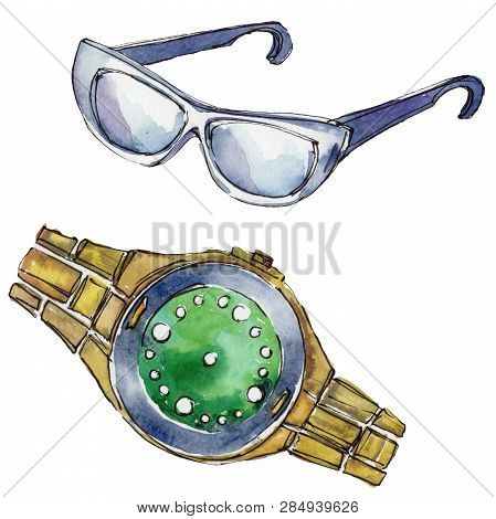 Sunglases And Watch Sketch Illustration In A Watercolor Style Isolated Element. Watercolour Fashion 
