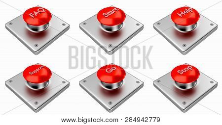 3d Rendering. Red Web Buttons With Start, Stop, Help, Support, Faq, Go. Buttons On White Background.