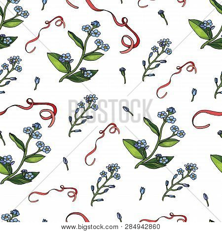 Seamless Pattern With Forget-me-nots And Ribbons. Endless Pattern On White Background For Your Seaso