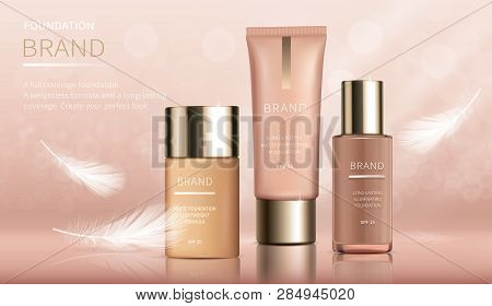 Cosmetic Realistic Vector Ads Banner With Foundation For Perfect Makeup, Decorative Cosmetics. Color
