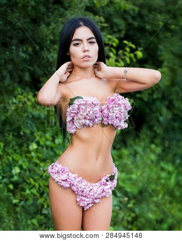Spring Girl. Sensual Woman, Flower Bra, Panties. Naked Woman. Female With Flowers. Girl With Flowers