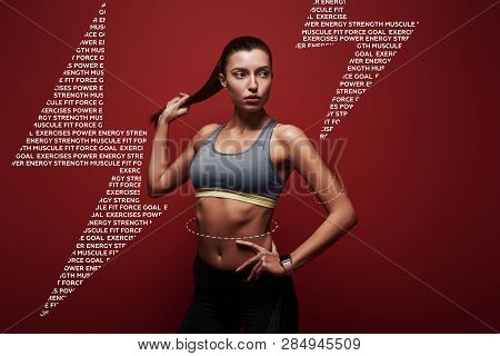 Pure Perfection. Sportswoman Standing Over Red Background. Graphic Drawing.