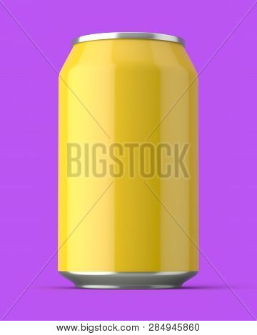 3d Rendered Glossy Yellow Aluminium Can On A Purple Background.