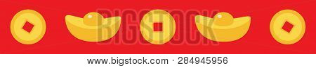 Chinese Gold Ingot Coin Line Set. China Money Square Centre. Golden With Hole. Happy New Year Symbol