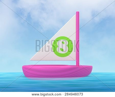 3d Rendered Pink Wooden Toy Boat Sailing In The Sea Against A Blue Sky.