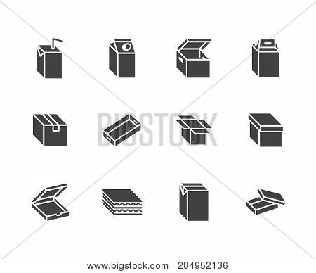 Carton Flat Glyph Icons Set. Cardboard Box, Juice, Milk Pack, Pizza Packaging, Delivery Boxes Vector