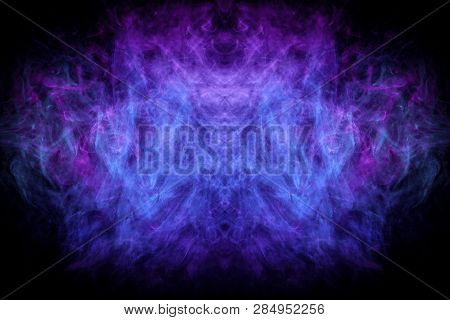 Mocap For Cool T-shirts. Thick Colorful Blue And Pink Smoke  In The Form Of A Monster On A Black Iso