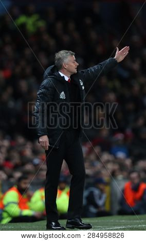 MANCHESTER, ENGLAND - FEBRUARY 12 2019: Ole Gunnar Solskjaer Manager of Manchester United during the Champions League match between Manchester United and Paris Saint-Germain at Old Trafford Stadium.