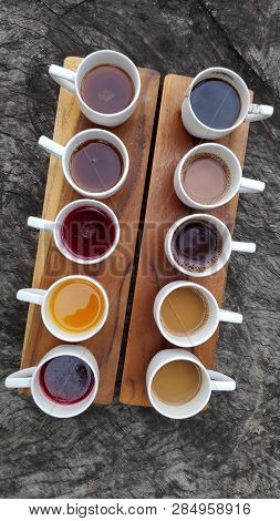 Coffee And Tea Testing On The Wood Table Bali, Indonesia