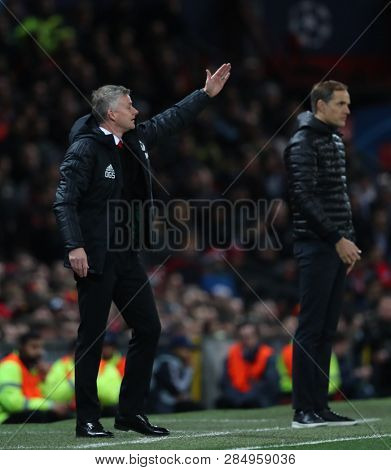 MANCHESTER, ENGLAND - FEBRUARY 12 2019: Ole Gunnar Solskjaer Manager of Manchester United during the Champions League match between Manchester United and Paris Saint-Germain at Old Trafford Stadium.