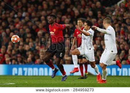 MANCHESTER, ENGLAND - FEBRUARY 12 2019: Paul Pogba of Manchester United during the Champions League match between Manchester United and Paris Saint-Germain at Old Trafford Stadium.