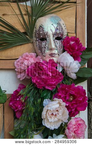 Detail Of Bautiful Carnival Mask With Flowers