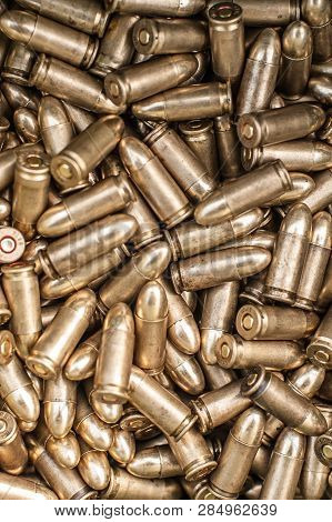 Top View Of Gun Ammunition. Bullets For Pistol