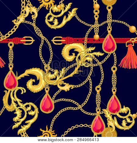 Realistic Chains, Scrolls, Jewels And Other Decorative Elements On White Background. Vintage Design 