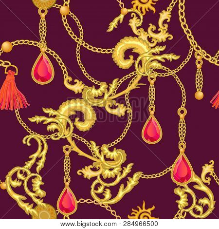 Realistic Chains, Scrolls, Jewels And Other Decorative Elements On White Background. Vintage Design 