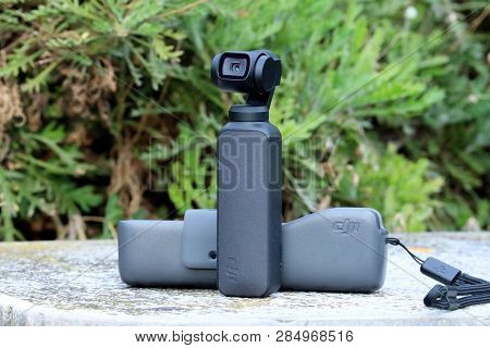 Roquebrune-cap-martin, France - February 18, 2019: Dji Osmo Pocket Gimbal Camera Outdoors, The Small