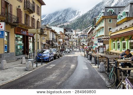 Chamonix-mont-blanc, France - April 1, 2018 : Avenue Michel Croz In Chamonix. Chamonix Is One Of The