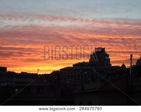 Genova, Italy - 02/12/2019: An Amazing Caption Of The Sunset Over The City Of Genoa In Winter Days C