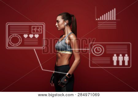 No Pain. No Gain. Sportswoman Standing Over Red Background, Looking Away. Game Concept With Graphic 
