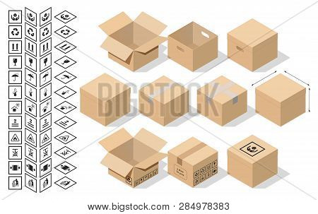Set Of Cardboard 3d Boxes In Isometric Style. Plus A Set Of Basic Information Signs And Requirements