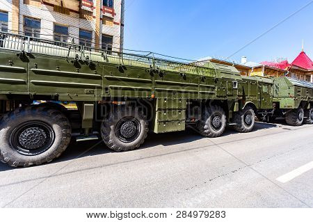 Samara, Russia - May 5, 2018: Russian Mobile Ballistic Missile System 9k720 Iskander (ss-26 Stone) O
