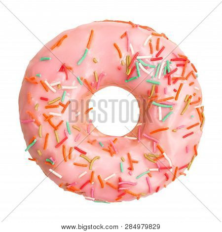 Colorful Donut Decorated With Sprinkles Isolated On White Background